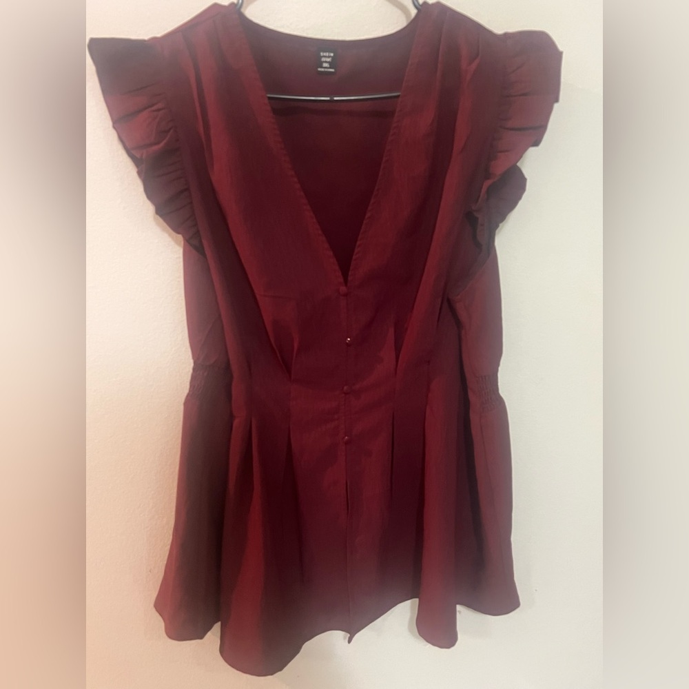Plus Size Women's Burgundy V-Neck Button Top